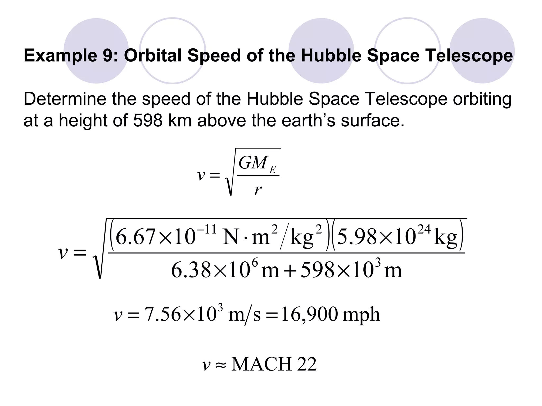 Example 9: Orbital Speed of the Hubble Space Telescope Determine the speed of the Hubble Space Telescope orbiting at a height of 598 km above the earth’s surface. 