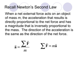Recall Newton’s Second Law When a net external force acts on an object of mass  m , the acceleration that results is  directly proportional to the net force and has a magnitude that is inversely proportional to the mass.  The direction of the acceleration is the same as the direction of the net force. 