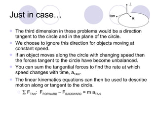Just in case… The third dimension in these problems would be a direction tangent to the circle and in the plane of the circle.  We choose to ignore this direction for objects moving at constant speed.  If an object moves along the circle with changing speed then the forces tangent to the circle have become unbalanced.  You can sum the tangential forces to find the rate at which  speed changes with time, a TAN .  The linear kinematics equations can then be used to describe motion along or tangent to the circle.     F TAN :  F FORWARD     F BACKWARD  = m a TAN R  tan 