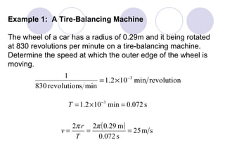 Example 1:  A Tire-Balancing Machine The wheel of a car has a radius of 0.29m and it being rotated at 830 revolutions per minute on a tire-balancing machine.  Determine the speed at which the outer edge of the wheel is moving. 