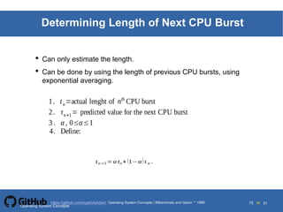 Silberschatz and Galvin19995.15Operating System Concepts Silberschatz and Galvin 19994.15
15 toOperating System Concepts | Silberschatz and Galvin 1999https://github.com/syaifulahdan/ 31
Determining Length of Next CPU Burst
• Can only estimate the length.
• Can be done by using the length of previous CPU bursts, using
exponential averaging.
1. tn=actual lenght of nth
CPU burst
2. τn+1= predicted value for the next CPU burst
3 . α , 0≤α≤1
4. Define:
τn=1=α tn+(1−α)τ n .
Operating System Concepts
 