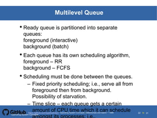 Silberschatz and Galvin19995.22Operating System Concepts Silberschatz and Galvin 19994.22
22 toOperating System Concepts | Silberschatz and Galvin 1999https://github.com/syaifulahdan/ 31
Multilevel Queue
• Ready queue is partitioned into separate
queues:
foreground (interactive)
background (batch)
• Each queue has its own scheduling algorithm,
foreground – RR
background – FCFS
• Scheduling must be done between the queues.
– Fixed priority scheduling; i.e., serve all from
foreground then from background.
Possibility of starvation.
– Time slice – each queue gets a certain
amount of CPU time which it can schedule
Operating System Concepts
 