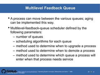 Silberschatz and Galvin19995.24Operating System Concepts Silberschatz and Galvin 19994.24
24 toOperating System Concepts | Silberschatz and Galvin 1999https://github.com/syaifulahdan/ 31
Multilevel Feedback Queue
• A process can move between the various queues; aging
can be implemented this way.
• Multilevel-feedback-queue scheduler defined by the
following parameters:
– number of queues
– scheduling algorithms for each queue
– method used to determine when to upgrade a process
– method used to determine when to demote a process
– method used to determine which queue a process will
enter when that process needs service
Operating System Concepts
 