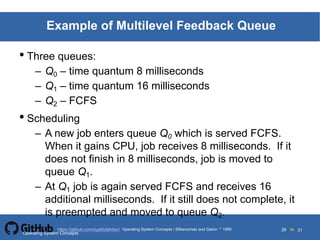 Silberschatz and Galvin19995.26Operating System Concepts Silberschatz and Galvin 19994.26
26 toOperating System Concepts | Silberschatz and Galvin 1999https://github.com/syaifulahdan/ 31
Example of Multilevel Feedback Queue
• Three queues:
– Q0 – time quantum 8 milliseconds
– Q1 – time quantum 16 milliseconds
– Q2 – FCFS
• Scheduling
– A new job enters queue Q0 which is served FCFS.
When it gains CPU, job receives 8 milliseconds. If it
does not finish in 8 milliseconds, job is moved to
queue Q1.
– At Q1 job is again served FCFS and receives 16
additional milliseconds. If it still does not complete, it
is preempted and moved to queue Q2.
Operating System Concepts
 