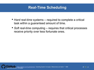 Silberschatz and Galvin19995.28Operating System Concepts Silberschatz and Galvin 19994.28
28 toOperating System Concepts | Silberschatz and Galvin 1999https://github.com/syaifulahdan/ 31
Real-Time Scheduling
• Hard real-time systems – required to complete a critical
task within a guaranteed amount of time.
• Soft real-time computing – requires that critical processes
receive priority over less fortunate ones.
Operating System Concepts
 