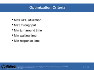 Silberschatz and Galvin19995.9Operating System Concepts Silberschatz and Galvin 19994.9
9 toOperating System Concepts | Silberschatz and Galvin 1999https://github.com/syaifulahdan/ 31
Optimization Criteria
• Max CPU utilization
• Max throughput
• Min turnaround time
• Min waiting time
• Min response time
Operating System Concepts
 