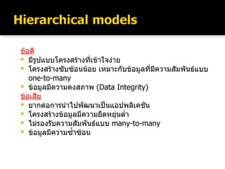 ข้อดี มีรูปแบบโครงสร้างที่เข้าใจง่าย โครงสร้างซับซ้อนน้อย เหมาะกับข้อมูลที่มีความสัมพันธ์แบบ   one-to-many ข้อมูลมีความคงสภาพ  ( Data Integrity ) ข้อเสีย ยากต่อการนำไปพัฒนาเป็นแอปพลิเคชัน โครงสร้างข้อมูลมีความยืดหยุ่นต่ำ ไม่รองรับความสัมพันธ์แบบ   many-to-many ข้อมูลมีความซ้ำซ้อน 