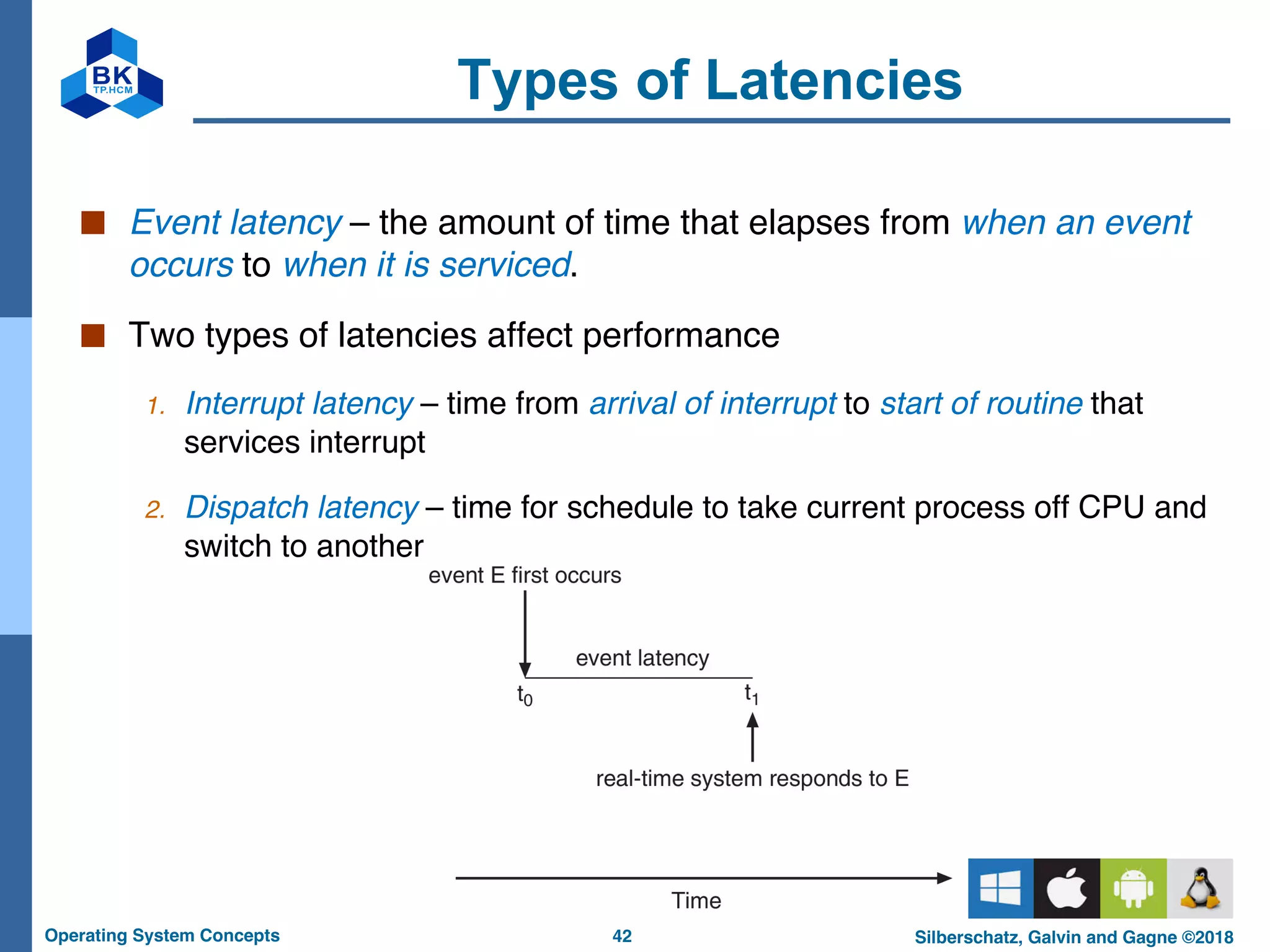 42
Operating System Concepts Silberschatz, Galvin and Gagne ©2018
Types of Latencies
■ Event latency – the amount of time that elapses from when an event
occurs to when it is serviced.
■ Two types of latencies affect performance
1. Interrupt latency – time from arrival of interrupt to start of routine that
services interrupt
2. Dispatch latency – time for schedule to take current process off CPU and
switch to another
 