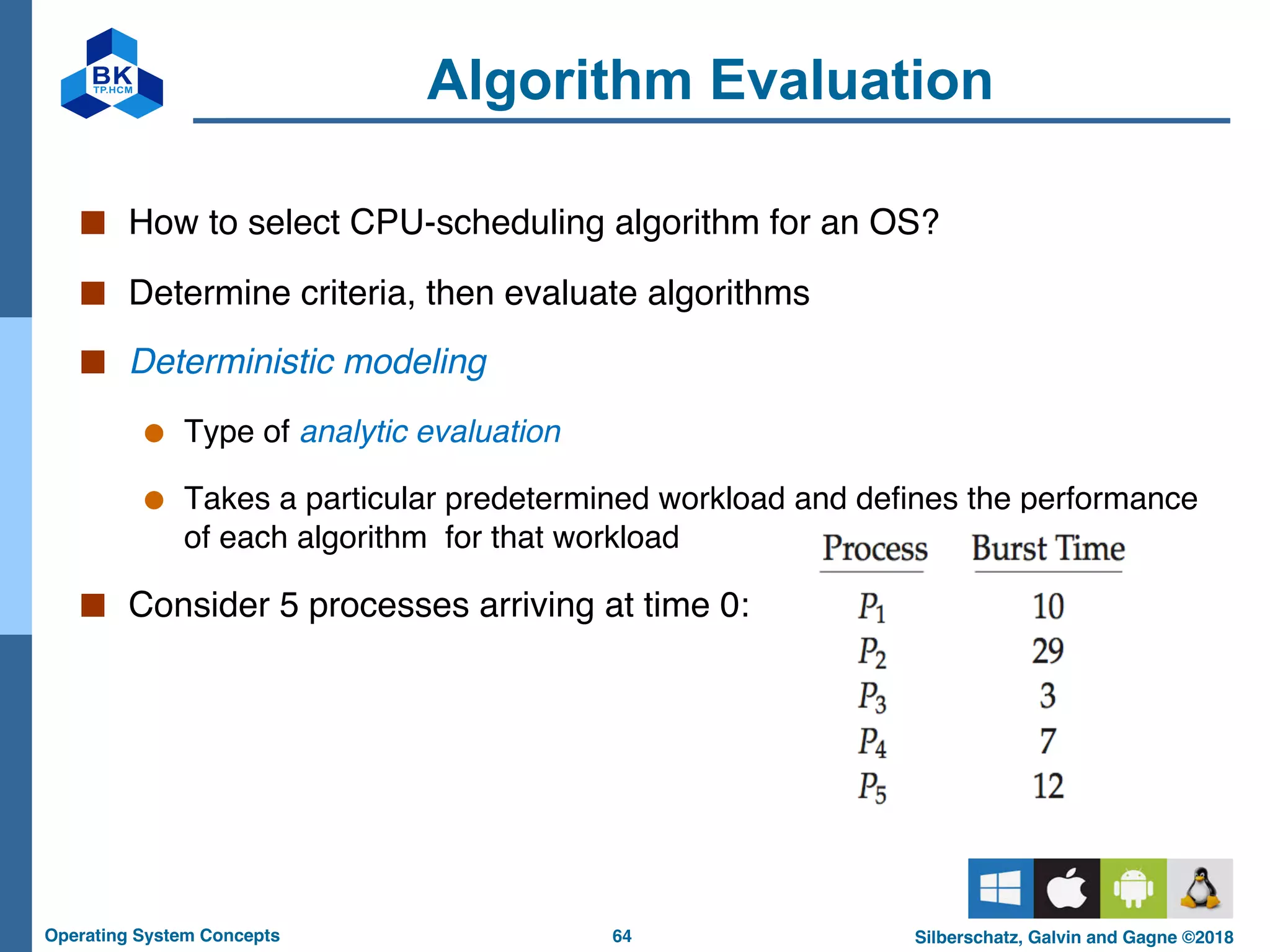 64
Operating System Concepts Silberschatz, Galvin and Gagne ©2018
Algorithm Evaluation
■ How to select CPU-scheduling algorithm for an OS?
■ Determine criteria, then evaluate algorithms
■ Deterministic modeling
● Type of analytic evaluation
● Takes a particular predetermined workload and defines the performance
of each algorithm for that workload
■ Consider 5 processes arriving at time 0:
 