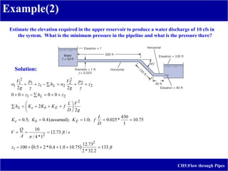 Estimate the elevation required in the upper reservoir to produce a water discharge of 10 cfs in
the system. What is the minimum pressure in the pipeline and what is the pressure there?
  ft
z
s
ft
A
Q
V
D
L
f
K
K
K
g
V
D
L
f
K
K
K
h
z
h
z
z
γ
p
g
V
α
h
z
γ
p
g
V
α
E
b
e
E
b
e
L
L
L
133
2
.
32
*
2
73
.
12
75
.
10
0
.
1
4
.
0
*
2
5
.
0
100
/
73
.
12
1
*
4
/
10
75
.
10
1
430
*
025
.
0
;
0
.
1
;
(assumed)
4
.
0
;
5
.
0
2
2
0
0
0
0
2
2
2
1
2
2
2
1
2
2
2
2
2
1
1
2
1
1








































Example(2)
CH5:Flow through Pipes
Solution:
 