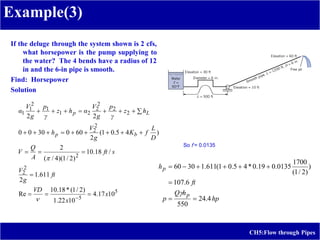 If the deluge through the system shown is 2 cfs,
what horsepower is the pump supplying to
the water? The 4 bends have a radius of 12
in and the 6-in pipe is smooth.
Find: Horsepower
Solution:
5
5
2
2
2
2
2
2
2
2
2
2
1
1
2
1
1
10
17
.
4
10
22
.
1
)
2
/
1
(
*
18
.
10
Re
611
.
1
2
/
18
.
10
)
2
/
1
)(
4
/
(
2
)
4
5
.
0
1
(
2
60
0
30
0
0
2
2
x
x
VD
ft
g
V
s
ft
A
Q
V
D
L
f
K
g
V
h
h
z
γ
p
g
V
α
h
z
γ
p
g
V
α
b
p
L
p



























hp
h
Q
p
ft
h
p
p
4
.
24
550
6
.
107
)
)
2
/
1
(
1700
0135
.
0
19
.
0
*
4
5
.
0
1
(
611
.
1
30
60










So f = 0.0135
Example(3)
CH5:Flow through Pipes
 