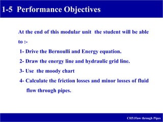 1-5 Performance Objectives
CH5:Flow through Pipes
At the end of this modular unit the student will be able
to :-
1- Drive the Bernoulli and Energy equation.
2- Draw the energy line and hydraulic grid line.
3- Use the moody chart
4- Calculate the friction losses and minor losses of fluid
flow through pipes.
 