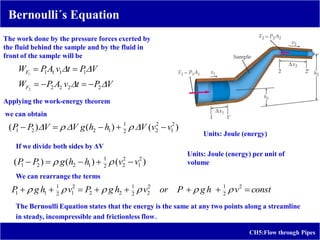 CH5:Flow through Pipes
Bernoulli´s Equation
)
(
)
(
)
( 2
1
2
2
2
1
1
2
2
1 v
v
V
h
h
g
V
V
P
P 



 




V
P
t
v
A
P
W
V
P
t
v
A
P
W
F
F




2
2
2
2
1
1
1
1
2
1






Units: Joule (energy)
If we divide both sides by ΔV
)
(
)
(
)
( 2
1
2
2
2
1
1
2
2
1 v
v
h
h
g
P
P 



 

Units: Joule (energy) per unit of
volume
We can rearrange the terms
const
v
h
g
P
or
v
h
g
P
v
h
g
P 






 2
2
1
2
2
2
1
2
2
2
1
2
1
1
1 





The Bernoulli Equation states that the energy is the same at any two points along a streamline
in steady, incompressible and frictionless flow.
The work done by the pressure forces exerted by
the fluid behind the sample and by the fluid in
front of the sample will be
Applying the work-energy theorem
we can obtain
 