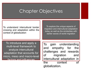 Chapter Objectives


To understand intercultural border     To explore the unique aspects of
                                     migration and intercultural adaptation
crossing and adaptation within the   today as well as the similarities with
context of globalization               earlier waves of world migration



  To introduce and apply a           To gain understanding
  multi-level framework to
                                     and empathy for the
    analyze intercultural
adaptation that accounts for         challenges and rewards
micro, meso and macro-level          of      migration      and
   factors and influences            intercultural adaptation in
                                     the        context       of
                                     globalization.
 