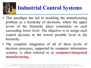  This paradigm has led to modeling the manufacturing
problem as a hierarchy of decisions, where the upper
levels of the hierarchy place constraints on each
succeeding lower level. The objective is to assign each
control decision to the lowest possible level in the
hierarchy.
 The complete integration of all of these levels of
decision processes, supported by computer information
systems, is often referred to as computer-integrated
manufacturing.
©2008 Pearson Education, Inc., Upper Saddle River, NJ. All rights reserved. This material is protected under all copyright laws as they currently exist.
No portion of this material may be reproduced, in any form or by any means, without permission in writing from the publisher. For the exclusive use of adopters of the book
Automation, Production Systems, and Computer-Integrated Manufacturing, Third Edition, by Mikell P. Groover.
Industrial Control Systems
 