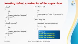 01/25/2025 Java Programming, Dr.Sunil Kumar Gouda
Invoking default constructor of the super class
class A
{
A()
{
System.out.println("Inside A's
constructor.");
}
}
class B extends A
{
B()
{
System.out.println("Inside B's
constructor.");
}
}
class C extends B
{
C()
{
System.out.println("Inside C's constructor.");
}
}
class CallingCons
{
public static void main(String args[])
{
C c = new C();
}
}
Output:
Inside A’s constructor.
Inside B’s constructor.
Inside C’s constructor.
 