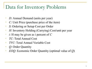 9
Data for Inventory Problems
• D: Annual Demand (units per year)
• C: Unit Price (purchase price of the item)
• S: Ordering or Setup Cost per Order
• H: Inventory Holding (Carrying) Cost/unit per year
• i: H may be given as i percent of C
• TC: Total Annual Cost
• TVC: Total Annual Variable Cost
• Q: Order Quantity
• EOQ: Economic Order Quantity (optimal value of Q)
 