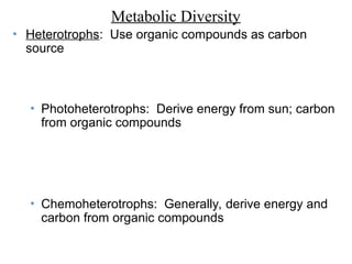 Metabolic Diversity
• Heterotrophs: Use organic compounds as carbon
source
• Photoheterotrophs: Derive energy from sun; carbon
from organic compounds
• Chemoheterotrophs: Generally, derive energy and
carbon from organic compounds
 