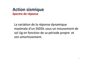 La variation de la réponse dynamique
maximale d’un SSDDL sous un mouvement de
sol Ug en fonction de sa période propre et
Action sismique
Spectre de réponse
sol Ug en fonction de sa période propre et
son amortissement.
21
 