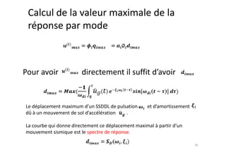 Calcul de la valeur maximale de la
réponse par mode
Pour avoir directement il suffit d’avoir
36
Le déplacement maximum d’un SSDDL de pulsation et d’amortissement
dû à un mouvement de sol d’accélération .
La courbe qui donne directement ce déplacement maximal à partir d’un
mouvement sismique est le spectre de réponse.
 