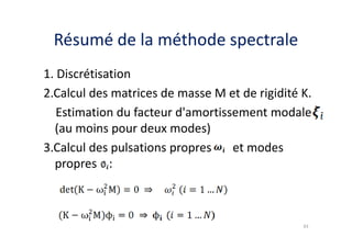 Résumé de la méthode spectrale
1. Discrétisation
2.Calcul des matrices de masse M et de rigidité K.
Estimation du facteur d'amortissement modale
(au moins pour deux modes)
(au moins pour deux modes)
3.Calcul des pulsations propres et modes
propres :
43
 