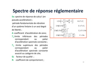 Spectre de réponse réglementaire
Sa: spectre de réponse de calcul (en
pseudo-accélération) ;
:période fondamentale de vibration
d’un système linéaire à un seul degré
de liberté ;
A :coefficient d’accélération de zone;
( )
( )
( )

















≤
≤












≤
≤






≤
≤














−
+
=
Q
T
s
T
T
T
T
R
Q
A
T
T
T
R
Q
A
T
T
R
Q
T
T
A
g
Sa
3
0
.
3
25
.
1
5
.
2
25
.
1
5
.
2
0
1
5
.
2
1
25
.
1
3
/
5
3
/
2
2
3
/
2
2
2
1
1
1
η
η
η
A :coefficient d’accélération de zone;
1:limite inférieure des périodes
correspondant au palier
d’accélération spectrale constante ;
2 :limite supérieure des périodes
correspondant au palier
d’accélération spectrale constante
associé au catégorie de site;
Q: facteur de qualité ;
R: coefficient de comportement ;
48
( )




>


















s
T
R
Q
T
T
A 0
.
3
3
3
25
.
1
5
.
2 2
η
 