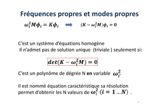 C’est un système d’équations homogène
Il n’admet pas de solution unique (triviale ) seulement si:
Fréquences propres et modes propres
8
C’est un polynôme de dégrée N en variable .
Il est nommé équation caractéristique sa résolution
permet d’obtenir les N valeurs de .
 