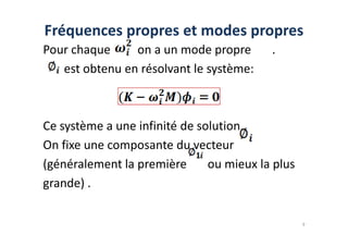 Pour chaque on a un mode propre .
est obtenu en résolvant le système:
Ce système a une infinité de solution.
Fréquences propres et modes propres
Ce système a une infinité de solution.
On fixe une composante du vecteur
(généralement la première ou mieux la plus
grande) .
9
 