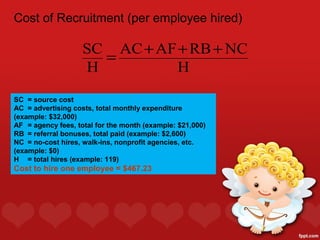 Cost of Recruitment (per employee hired)

                    SC AC + AF + RB + NC
                      =
                    H          H
SC = source cost
AC = advertising costs, total monthly expenditure
(example: $32,000)
AF = agency fees, total for the month (example: $21,000)
RB = referral bonuses, total paid (example: $2,600)
NC = no-cost hires, walk-ins, nonprofit agencies, etc.
(example: $0)
H = total hires (example: 119)
Cost to hire one employee = $467.23
 