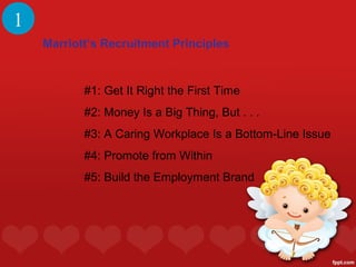 1
    Marriott’s Recruitment Principles


           #1: Get It Right the First Time
           #2: Money Is a Big Thing, But . . .
           #3: A Caring Workplace Is a Bottom-Line Issue
           #4: Promote from Within
           #5: Build the Employment Brand
 