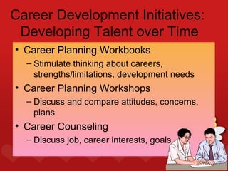 Career Development Initiatives:
 Developing Talent over Time
• Career Planning Workbooks
  – Stimulate thinking about careers,
    strengths/limitations, development needs
• Career Planning Workshops
  – Discuss and compare attitudes, concerns,
    plans
• Career Counseling
  – Discuss job, career interests, goals
 