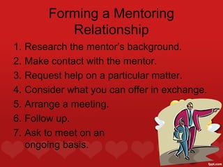 Forming a Mentoring
             Relationship
1.   Research the mentor’s background.
2.   Make contact with the mentor.
3.   Request help on a particular matter.
4.   Consider what you can offer in exchange.
5.   Arrange a meeting.
6.   Follow up.
7.   Ask to meet on an
     ongoing basis.
 