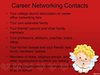 Career Networking Contacts
• Your college alumni association or career
  office networking lists
• Your own extended family
• Your friends’ parents and other family
  members
• Your professors, advisors, coaches, tutors,
  clergy
• Your former bosses and your friends’ and
  family members’ bosses
• Members of clubs, religious groups, and
  other organizations to which you belong
• All of the organizations near where you live
  or go to school
 