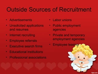Outside Sources of Recruitment
• Advertisements              • Labor unions
• Unsolicited applications    • Public employment
  and resumes                   agencies
• Internet recruiting         • Private and temporary
• Employee referrals            employment agencies
                              • Employee leasing
• Executive search firms
• Educational institutions
• Professional associations
 