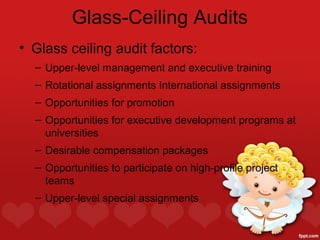 Glass-Ceiling Audits
• Glass ceiling audit factors:
  – Upper-level management and executive training
  – Rotational assignments International assignments
  – Opportunities for promotion
  – Opportunities for executive development programs at
    universities
  – Desirable compensation packages
  – Opportunities to participate on high-profile project
    teams
  – Upper-level special assignments
 