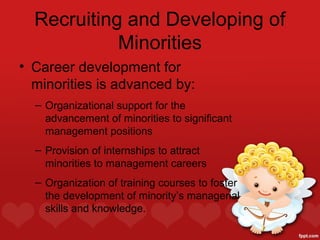 Recruiting and Developing of
            Minorities
• Career development for
  minorities is advanced by:
  – Organizational support for the
    advancement of minorities to significant
    management positions
  – Provision of internships to attract
    minorities to management careers
  – Organization of training courses to foster
    the development of minority’s managerial
    skills and knowledge.
 