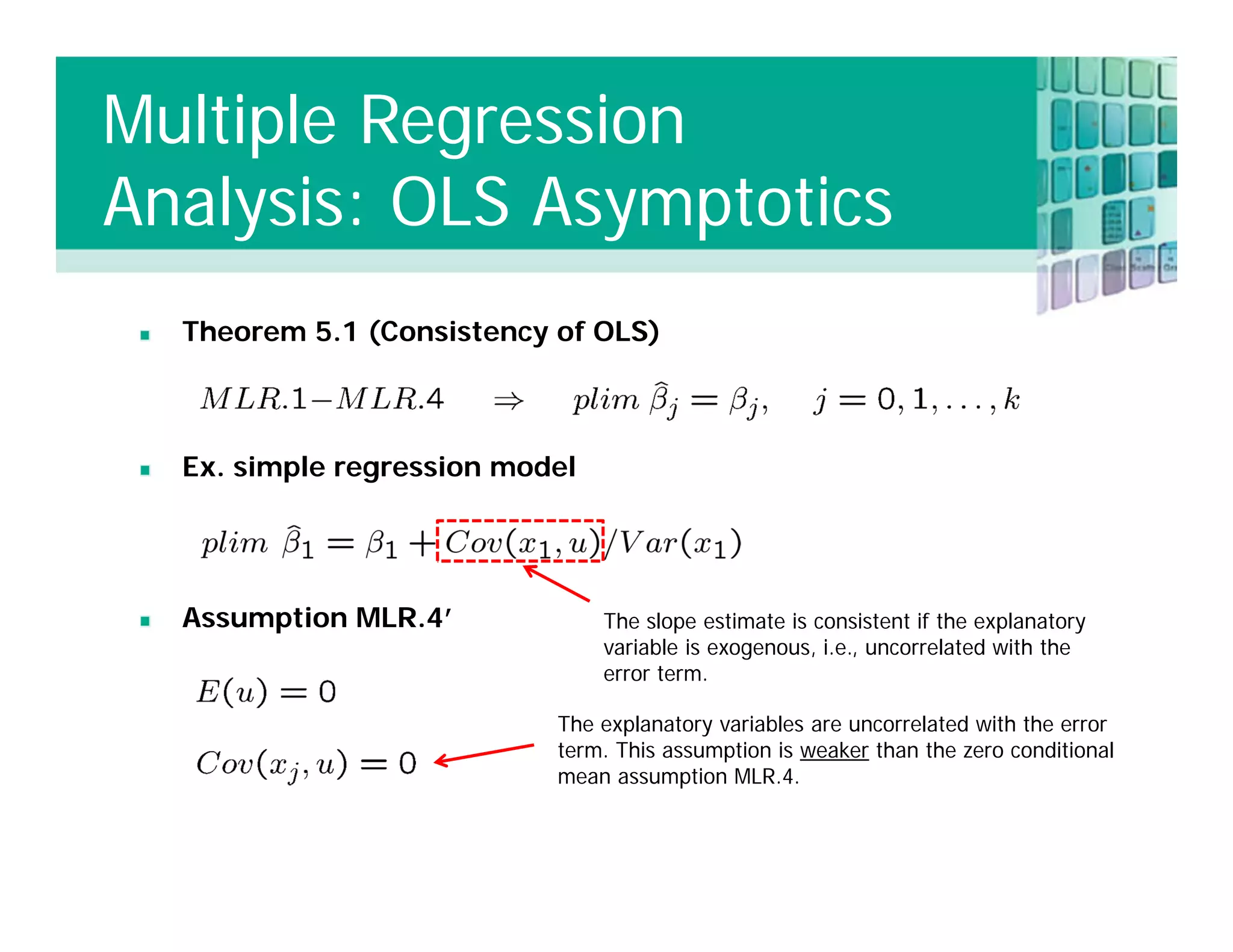 Theorem 5.1 (Consistency of OLS)
Ex. simple regression model
Assumption MLR.4’ The slope estimate is consistent if the explanatory
variable is exogenous, i.e., uncorrelated with the
error term.
The explanatory variables are uncorrelated with the error
term. This assumption is weaker than the zero conditional
mean assumption MLR.4.
Multiple Regression
Analysis: OLS Asymptotics
 