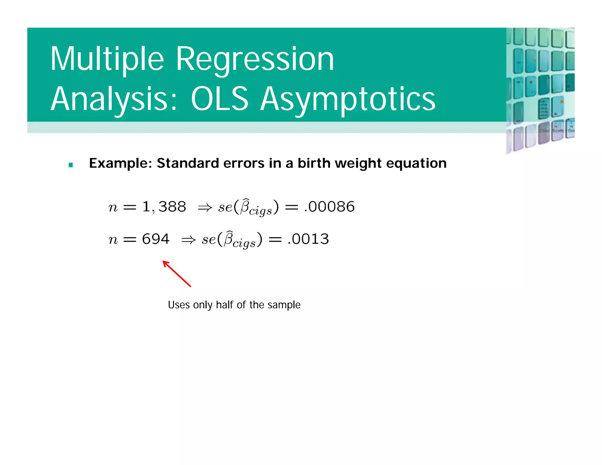 Example: Standard errors in a birth weight equation
Uses only half of the sample
Multiple Regression
Analysis: OLS Asymptotics
 