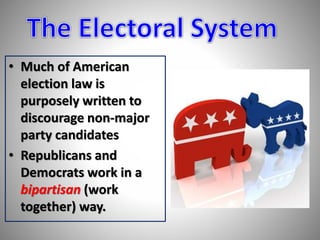 • Much of American 
election law is 
purposely written to 
discourage non-major 
party candidates 
• Republicans and 
Democrats work in a 
bipartisan (work 
together) way. 
 
