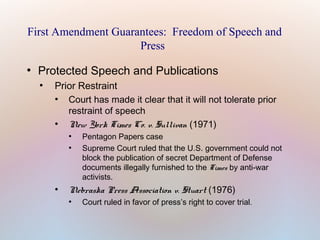First Amendment Guarantees: Freedom of Speech and
Press
●

Protected Speech and Publications
●

Prior Restraint
●
Court has made it clear that it will not tolerate prior
restraint of speech
●
New York Times Co. v. Sullivan (1971)
●
●

●

Pentagon Papers case
Supreme Court ruled that the U.S. government could not
block the publication of secret Department of Defense
documents illegally furnished to the Times by anti-war
activists.

Nebraska Press Association v. Stuart (1976)
●

Court ruled in favor of press’s right to cover trial.

 