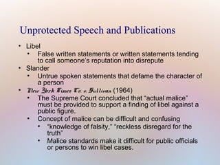 Unprotected Speech and Publications
●

●

●

Libel
●
False written statements or written statements tending
to call someone’s reputation into disrepute
Slander
●
Untrue spoken statements that defame the character of
a person
New York Times Co. v. Sullivan (1964)
●
The Supreme Court concluded that “actual malice”
must be provided to support a finding of libel against a
public figure.
●
Concept of malice can be difficult and confusing
●
“knowledge of falsity,” “reckless disregard for the
truth”
●
Malice standards make it difficult for public officials
or persons to win libel cases.

 