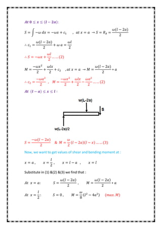 ∫




Now, we want to get values of shear and bending moment at :




Substitute in (1) &(2) &(3) we find that :
 
