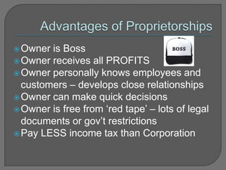Owner is Boss
Owner receives all PROFITS
Owner personally knows employees and
customers – develops close relationships
Owner can make quick decisions
Owner is free from ‘red tape’ – lots of legal
documents or gov’t restrictions
Pay LESS income tax than Corporation
 