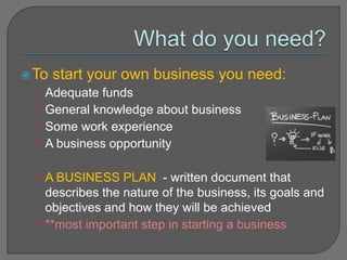 To start your own business you need:
• Adequate funds
• General knowledge about business
• Some work experience
• A business opportunity
• A BUSINESS PLAN - written document that
describes the nature of the business, its goals and
objectives and how they will be achieved
• **most important step in starting a business
 