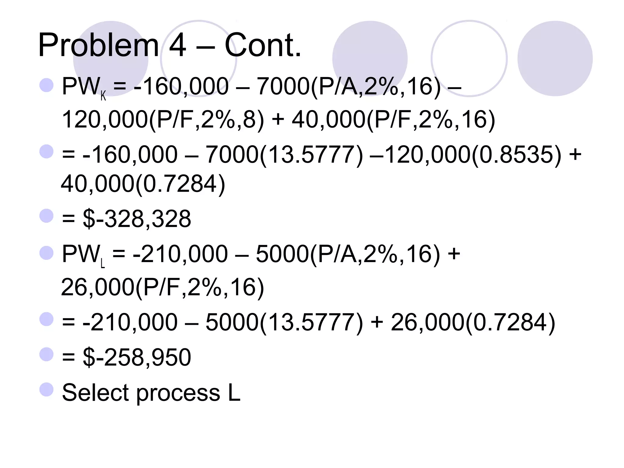 Problem 4 – Cont.
PWK = -160,000 – 7000(P/A,2%,16) –
120,000(P/F,2%,8) + 40,000(P/F,2%,16)
= -160,000 – 7000(13.5777) –120,000(0.8535) +
40,000(0.7284)
= $-328,328
PWL = -210,000 – 5000(P/A,2%,16) +
26,000(P/F,2%,16)
= -210,000 – 5000(13.5777) + 26,000(0.7284)
= $-258,950
Select process L
 