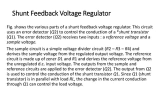 Shunt Feedback Voltage Regulator
Fig. shows the various parts of a shunt feedback voltage regulator. This circuit
uses an error detector (Q2) to control the conduction of a *shunt transistor
(Q1). The error detector (Q2) receives two inputs : a reference voltage and a
sample voltage.
The sample circuit is a simple voltage divider circuit (R2 – R3 – R4) and
derives the sample voltage from the regulated output voltage. The reference
circuit is made up of zener D1 and R1 and derives the reference voltage from
the unregulated d.c. input voltage. The outputs from the sample and
reference circuits are applied to the error detector (Q2). The output from Q2
is used to control the conduction of the shunt transistor Q1. Since Q1 (shunt
transistor) is in parallel with load RL, the change in the current conduction
through Q1 can control the load voltage.
 