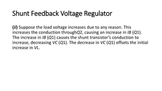 Shunt Feedback Voltage Regulator
(ii) Suppose the load voltage increases due to any reason. This
increases the conduction throughQ2, causing an increase in IB (Q1).
The increase in IB (Q1) causes the shunt transistor’s conduction to
increase, decreasing VC (Q1). The decrease in VC (Q1) offsets the initial
increase in VL.
 