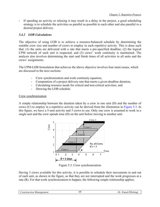 Chapter 5: Repetitive Projects

-     If speeding an activity or relaxing it may result in a delay in the project, a good scheduling
      strategy is to schedule the activities as parallel as possible to each other and also parallel to a
      desired project delivery.

5.4.2     LOB Calculations

The objective of using LOB is to achieve a resource-balanced schedule by determining the
suitable crew size and number of crews to employ in each repetitive activity. This is done such
that: (1) the units are delivered with a rate that meets a pre-specified deadline; (2) the logical
CPM network of each unit is respected; and (3) crews’ work continuity is maintained. The
analysis also involves determining the start and finish times of all activities in all units and the
crews’ assignments.

The CPM-LOB formulation that achieves the above objective involves four main issues, which
are discussed in the next sections:

            -   Crew synchronization and work continuity equation;
            -   Computation of a project delivery rate that meets a given deadline duration;
            -   Calculating resource needs for critical and non-critical activities; and
            -   Drawing the LOB schedule.

Crew synchronization

A simple relationship between the duration taken by a crew in one unit (D) and the number of
crews (C) to employ in a repetitive activity can be derived from the illustration in Figure 5.3. In
this figure, we have a 5-unit activity and 3 crews to use. Only one crew is assumed to work in a
single unit and the crew spends time (D) on the unit before moving to another unit.
                                                                           Crew 2
                                  5
                          Units




                                                                      Crew 1
                                  4
                                                              Crew 3
                                  3
                                                     Crew 2
                                  2                                        No. of Crews
                                                                           (C) = 3
                                            Crew 1                R
                                  1                                                       Time
                                      0 1      2       3      4        5       6    7
                                            D = 3 days

                                        Figure 5.3: Crew synchronization

Having 3 crews available for this activity, it is possible to schedule their movements in and out
of each unit, as shown in the figure, so that they are not interrupted and the work progresses at a
rate (R). For that work synchronization to happen, the following simple relationship applies:


    Construction Management                                   68                                        Dr. Emad Elbeltagi
 