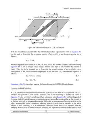 Chapter 5: Repetitive Projects


                                                        TF = 3          D (2)
                                           A (5)                B (5)           C (5)
                           Unit n


                                    A              B        D               C
                                                                                               n-1



                                                   (TL - T1 ) + TFD
                                                                                TL - T1
      Unit 1

                  A (5)                 B (5)             C (5)
                               D (2)        TF = 3

                          Figure 5.6: Utilization of float in LOB calculations

With the desired rates calculated for the individual activities, a generalized form of Equation 5.1
can be used to determine the necessary number of crews (Ci) to use in each activity (i), as
follows:

                      Ci = Di x Ri                                                                    (5.6)

Another important consideration is that, in most cases, the number of crews calculated using
Equation 5.6 is not an integer value. Since a fraction of a crew is not possible, the number of
crews (Ci)’s has to be rounded up to determine the actual number of crews (Cai)’s. As a
consequence to that, the actual rates of progress in the activities (Rai)’s need to be adjusted, as
follows:
                     Cai = Round Up (Ci)                                                   (5.7)

                      Rai = Cai / Di                                                                    (5.8)

Equations 5.5 to 5.8, therefore, become the basis of integrated CPM-LOB calculations.

Drawing the LOB Schedule

A LOB schedule becomes simple to draw when all activities run with an exactly similar rate (i.e.,
activities run parallel to each other). However, due to the rounding of number of crews in
Equation 5.4, the activities’ actual rates (Rai)s calculated using Equation 5.5 will not be parallel.
Drawing the LOB schedule as such requires extra care as conflict points, either at the top unit or
at the first unit, will be introduced due to the difference in progress rates from one activity to the
other. As explained earlier, sometimes speeding an activity will cause a net delay in the whole
project, if work continuity is to be maintained. Therefore, some non-critical activities may end
up being delayed even in some situations violating the logical relationships or becomes critical

 Construction Management                               71                                  Dr. Emad Elbeltagi
 