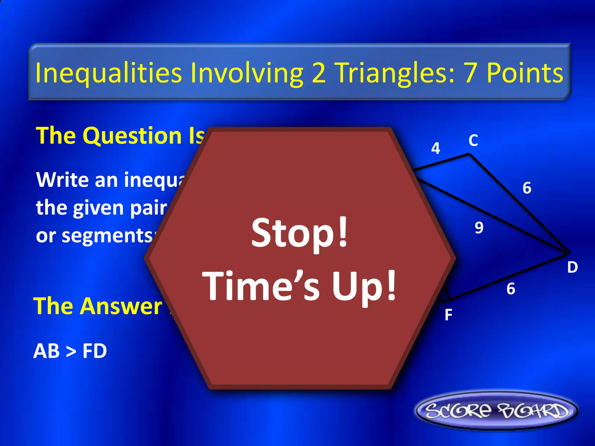 Inequalities Involving 2 Triangles: 7 Points
The Question Is :                           4       C
                                    B
Write an inequality relating                                6
the given pair of angles
                  Stop!
or segments: AB, FD.  9                 6
                                                    9

                                                                D

The Answer Is :
                Time’s Up!
                   A
                                                F
                                                        6
                               10
AB > FD
 